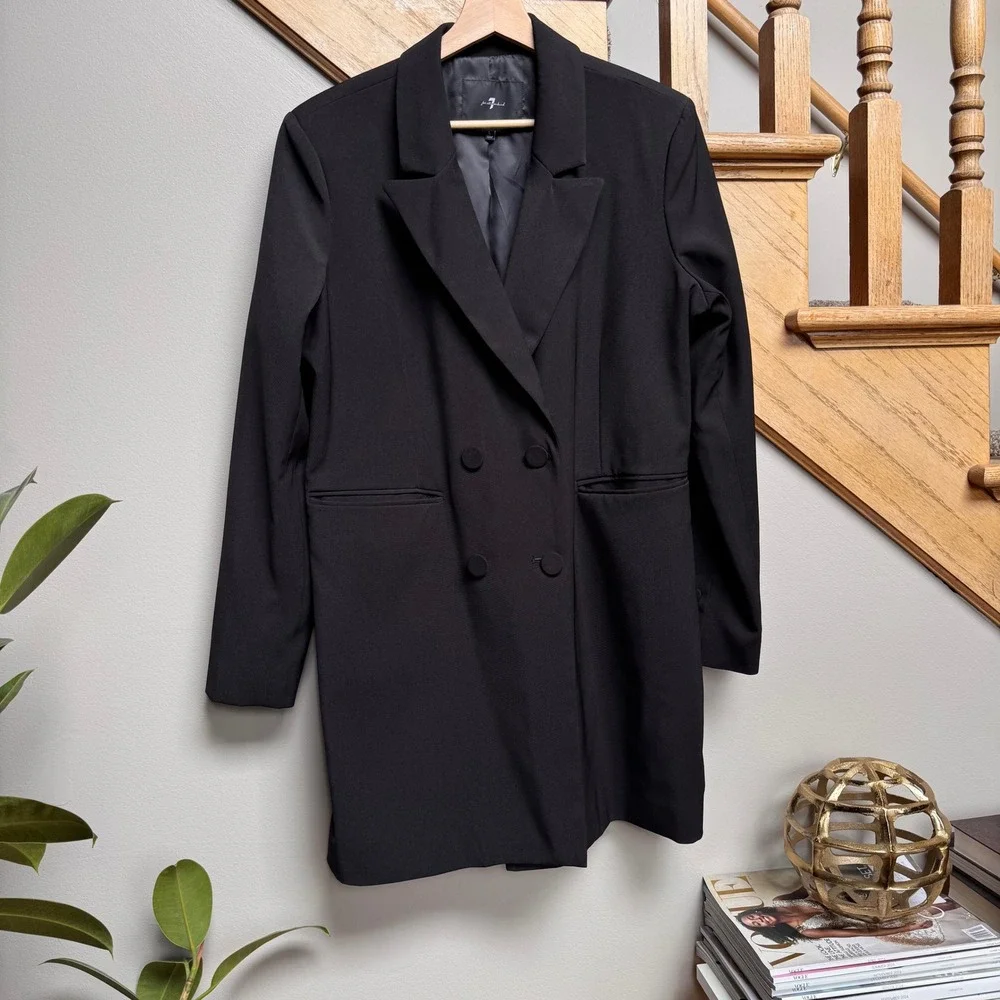 7‎ For All Mankind Double Breasted Power Blazer Dress Longline L Padded Shoulder